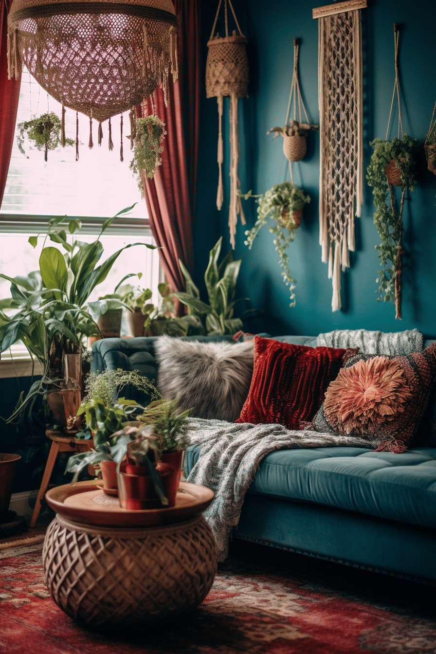 bohemian style living room with macrame and succulents plants and fabric teal walls