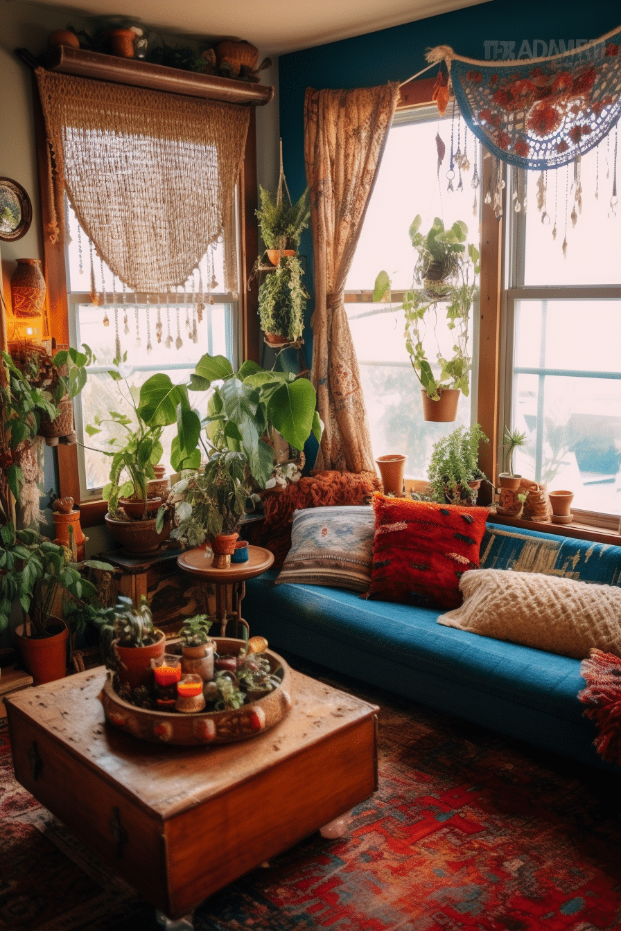 bohemian style living room with fabrics, and succulents