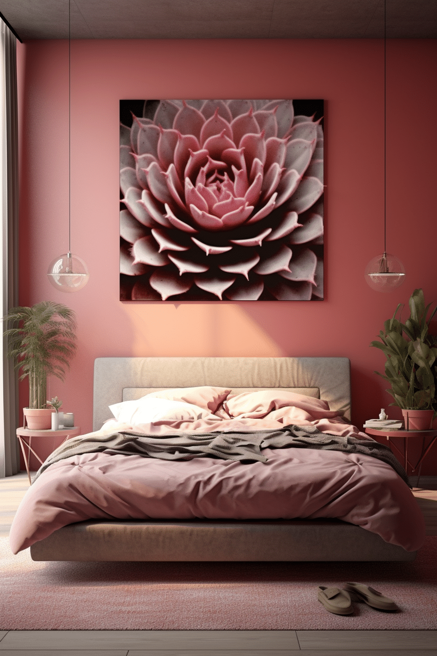 pink rose bedroom decor with large pink succulent wall art