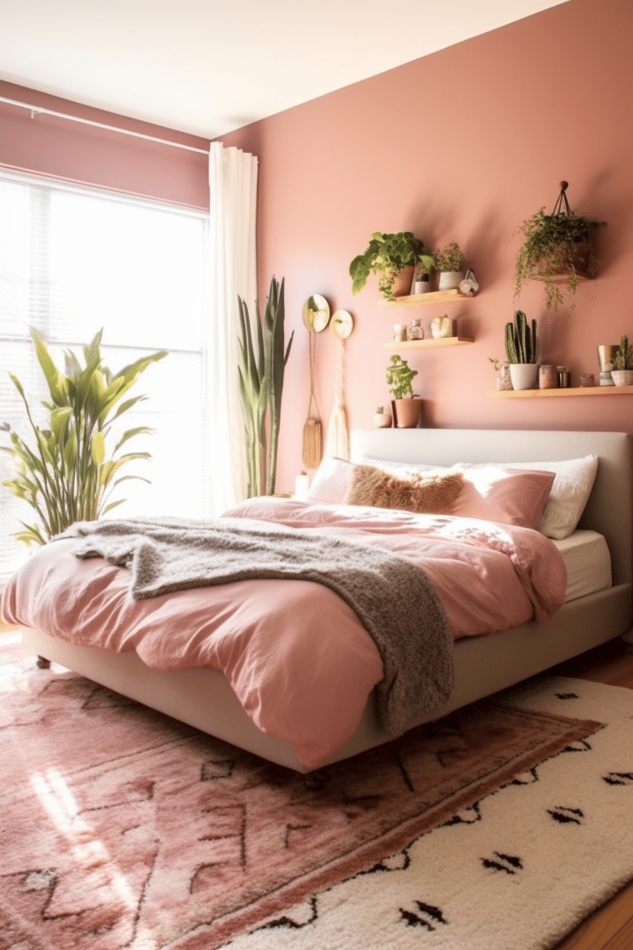bedroom with rose walls, shelves with succulents and plants, natural light