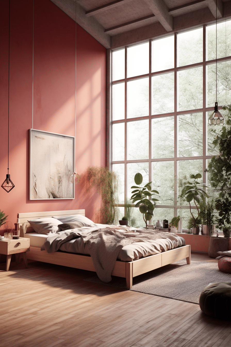 pink bedroom design with full length windows and succulent plants