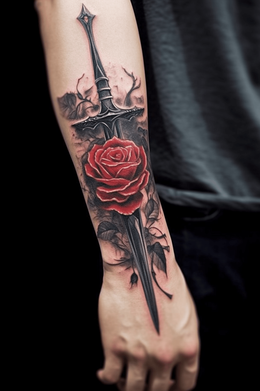 sword and rose tattoo design with red rose