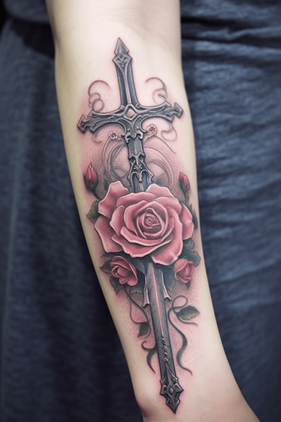 sword and rose tattoo design with pink rose