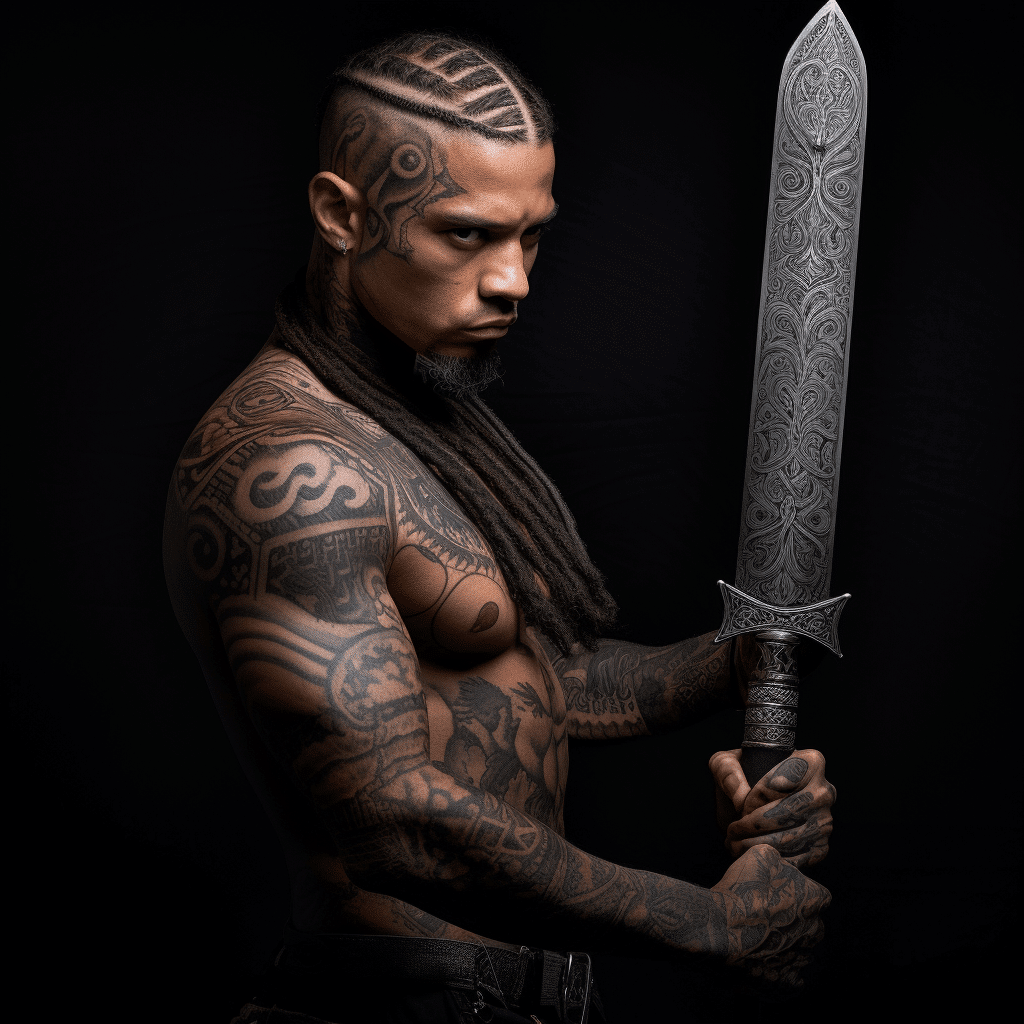 man with full body of tattoos and a sword