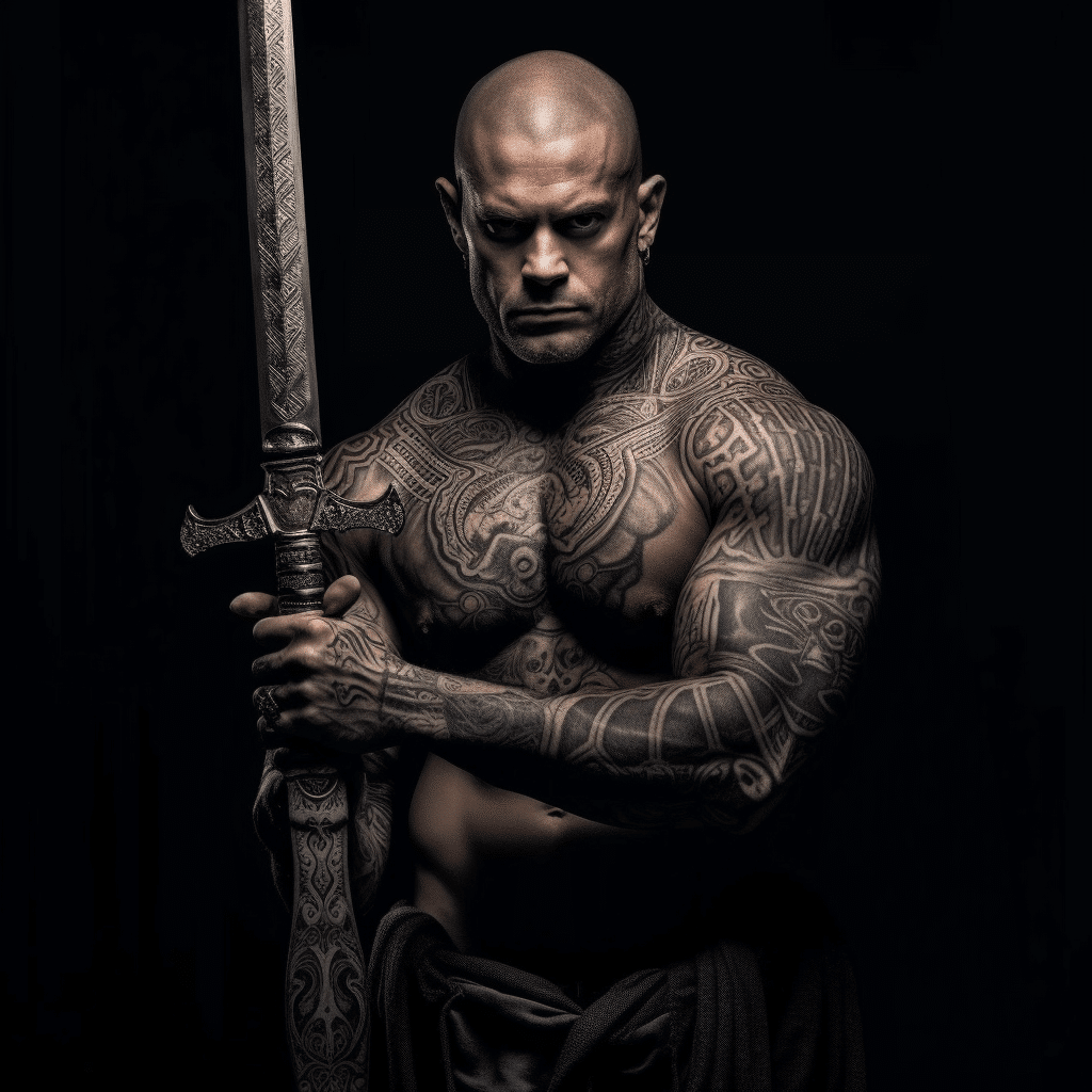 man with full body tattoos and a sword