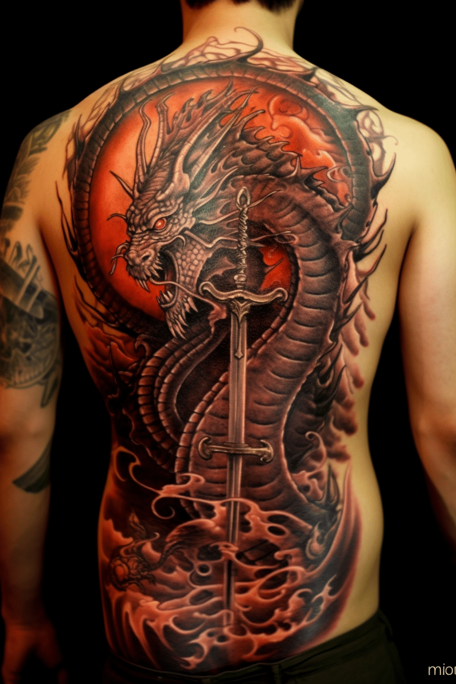 sword and dragon large tattoo on back