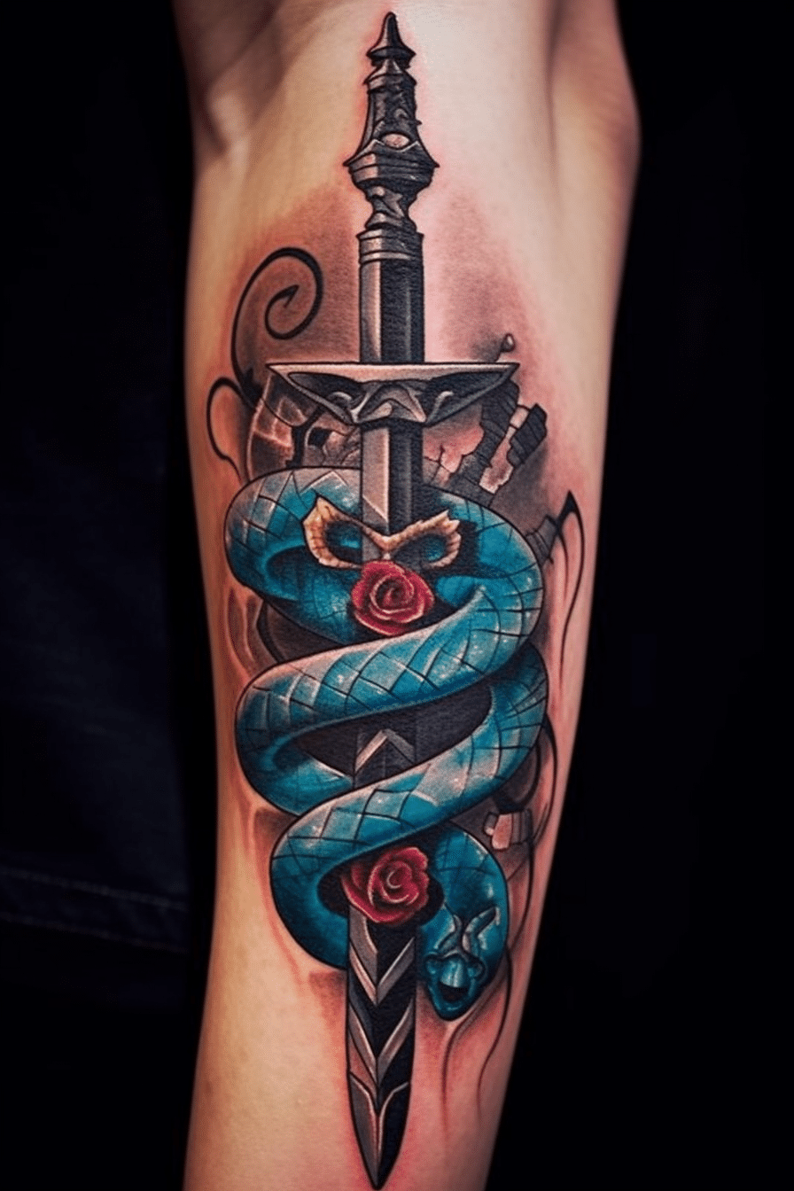 sword and snake full color tattoo