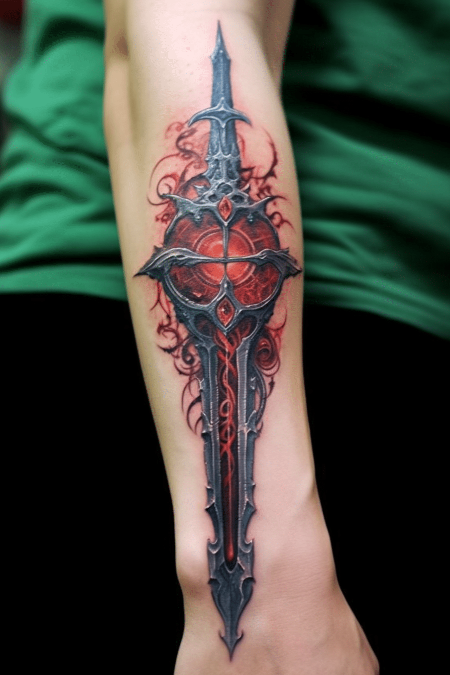 detailed full color red sword tattoo with gems on arm
