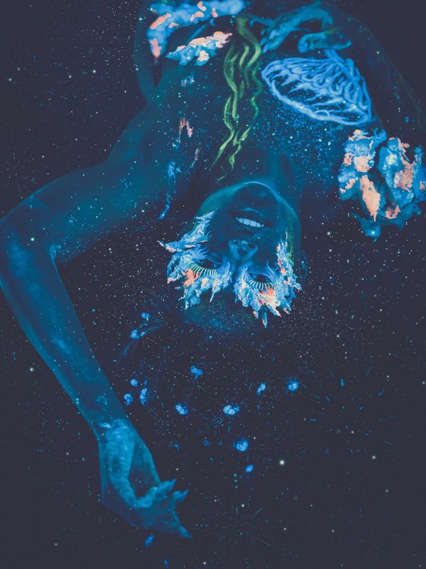 neon mermaid body art