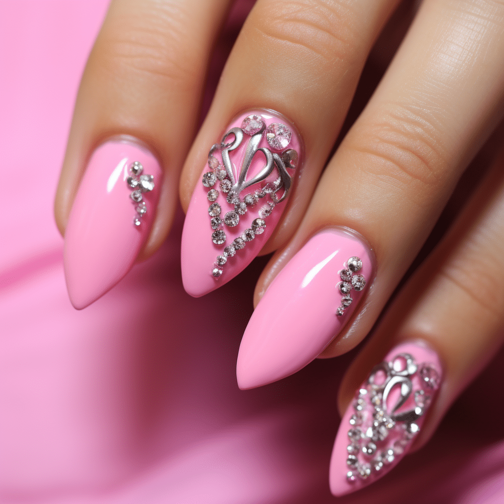barbie inspired pink princess nail designs stiletto ballerina nails with diamonte