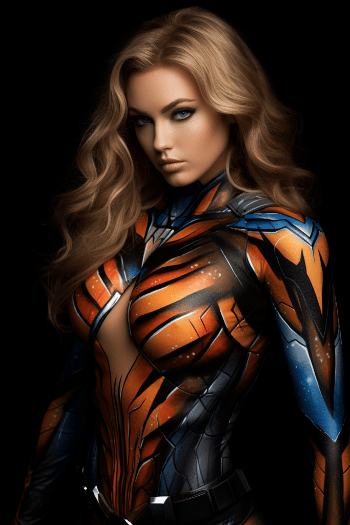 female superhero theme body painting body art