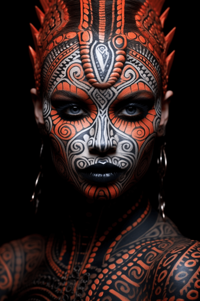 red black and white tribal body paint design