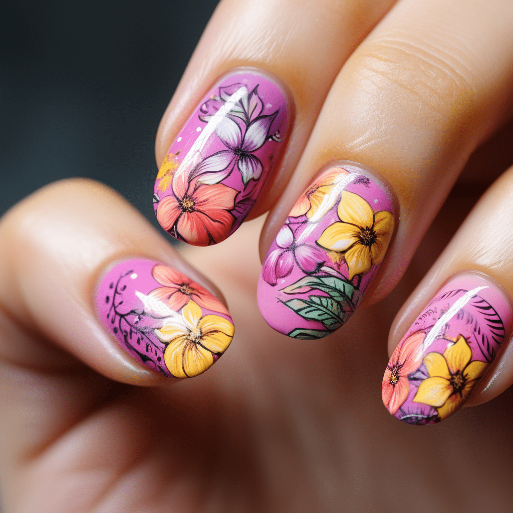 barbie inspired pink tropical flower nail designs with purple