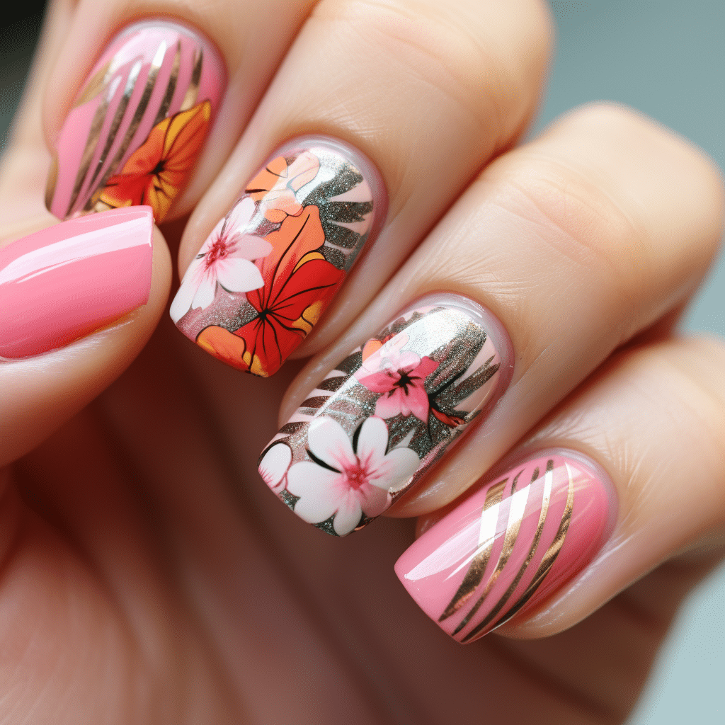 barbie inspired pink tropical flower nail designs pink gold khaki olive green dusty pink