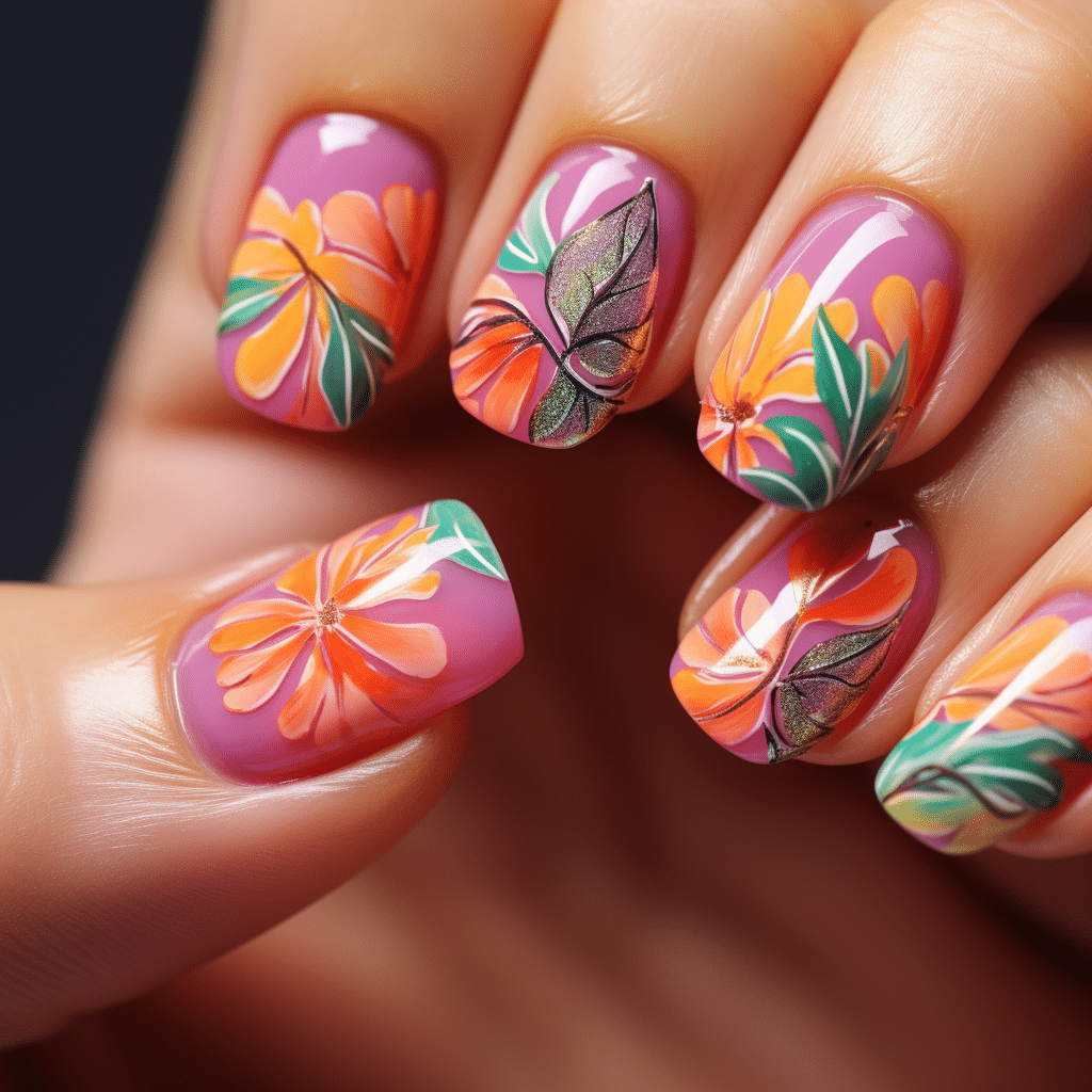 barbie inspired pink tropical flower nail designs with orange