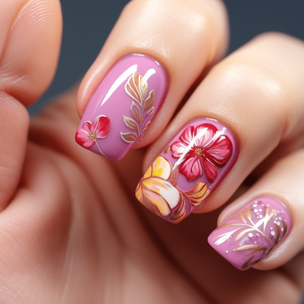 barbie inspired pink tropical flower nail designs