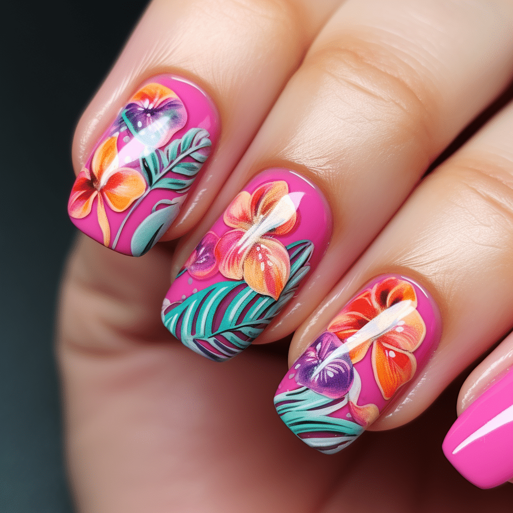 barbie inspired pink tropical flower nail designs pink purple orange vibrant