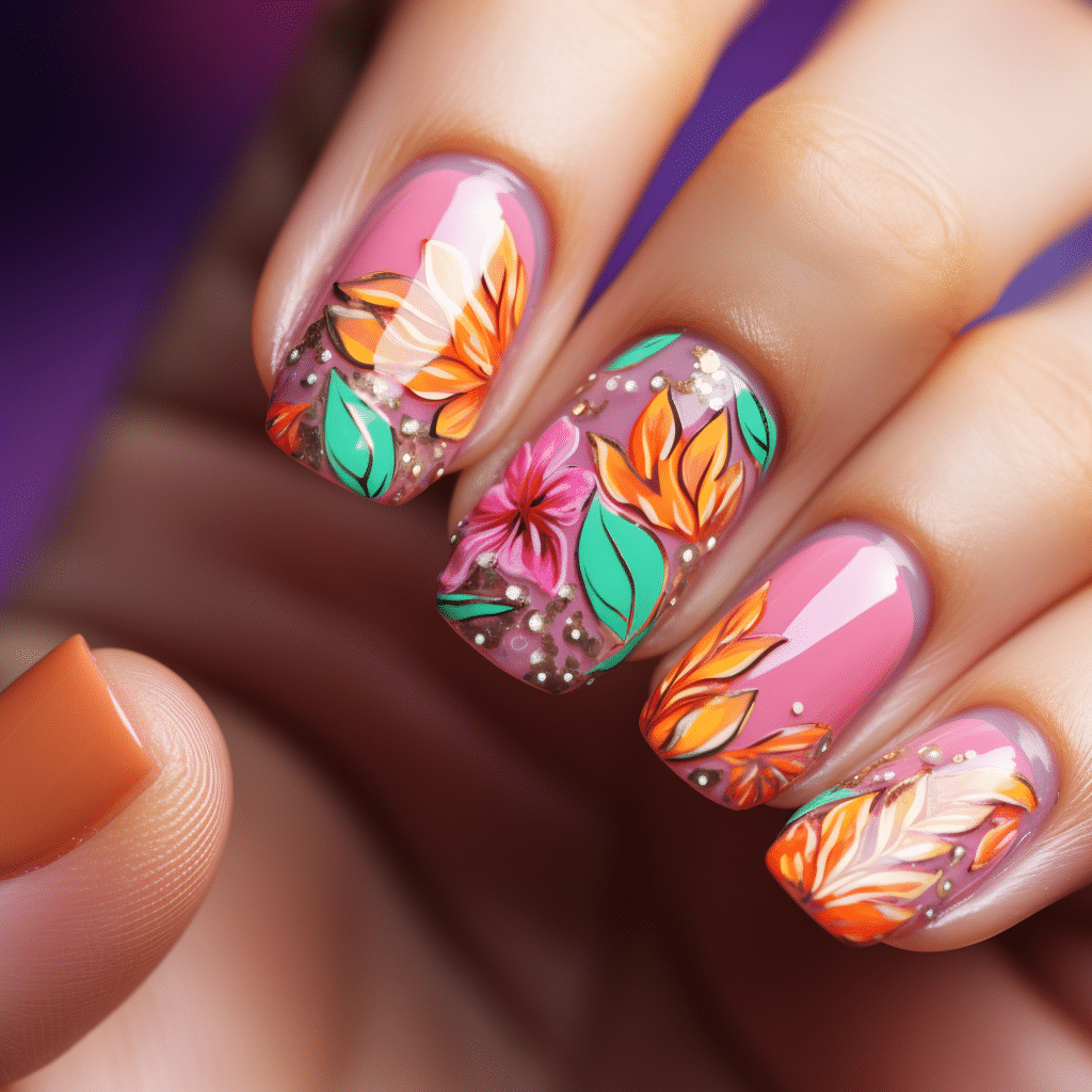 barbie inspired pink tropical flower nail designs pink and orange