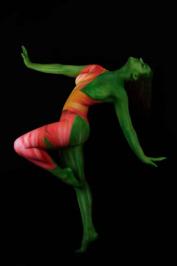 female body paint idea nature body art green and pink