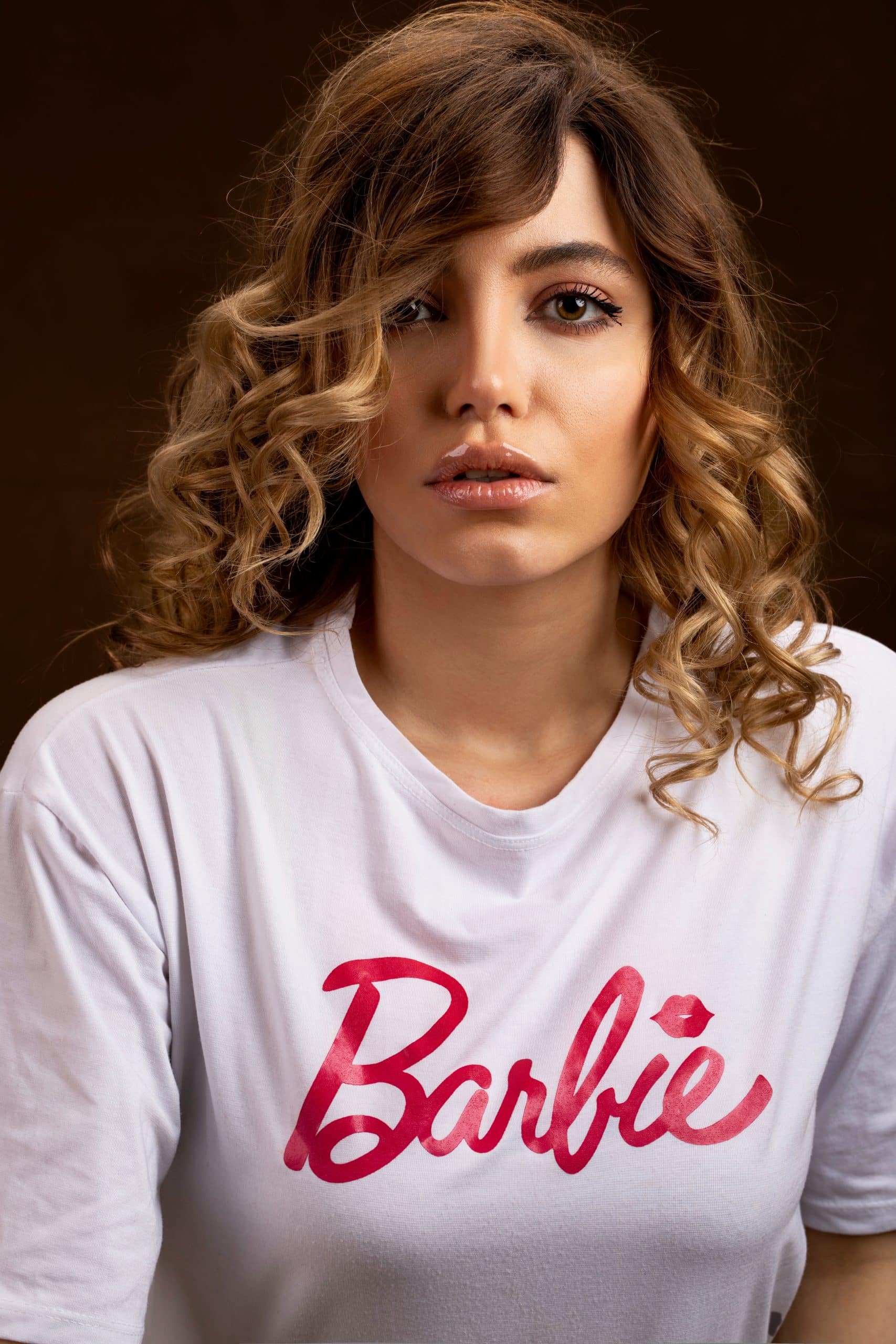woman in barbie t shirt