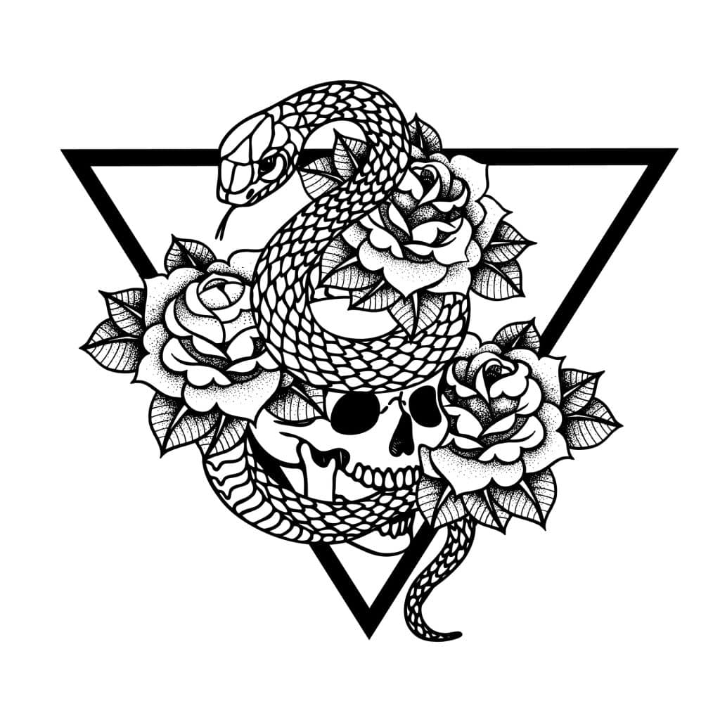 skull and rose and snake tattoo