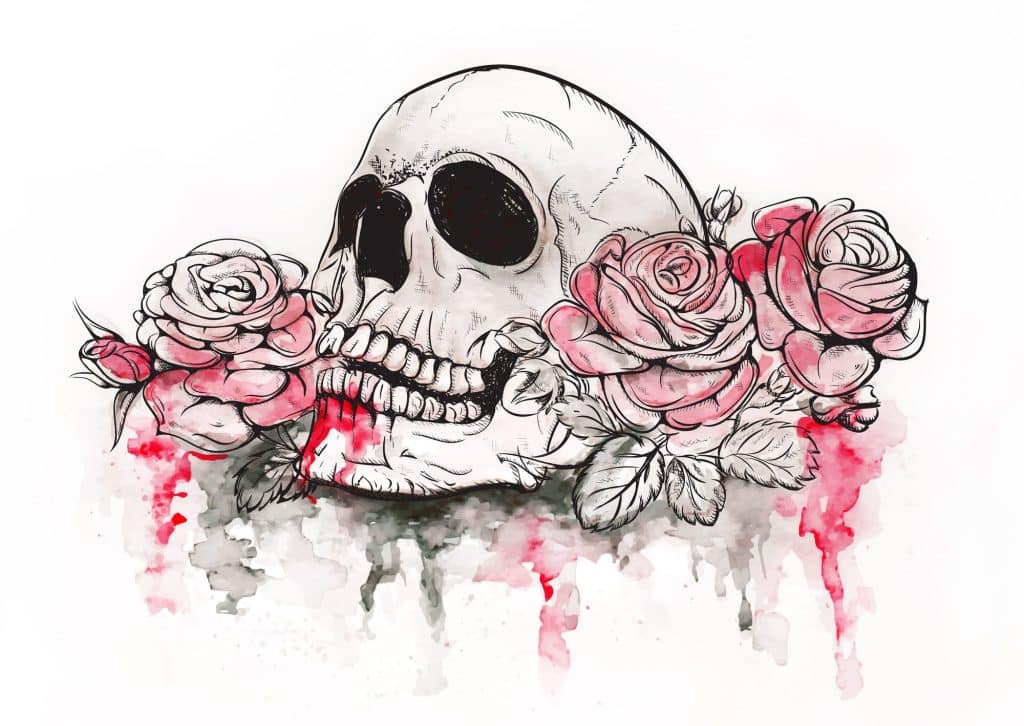 watercolor skull and rose tattoo design