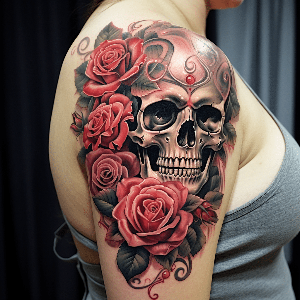 skull and rose tattoo on arm