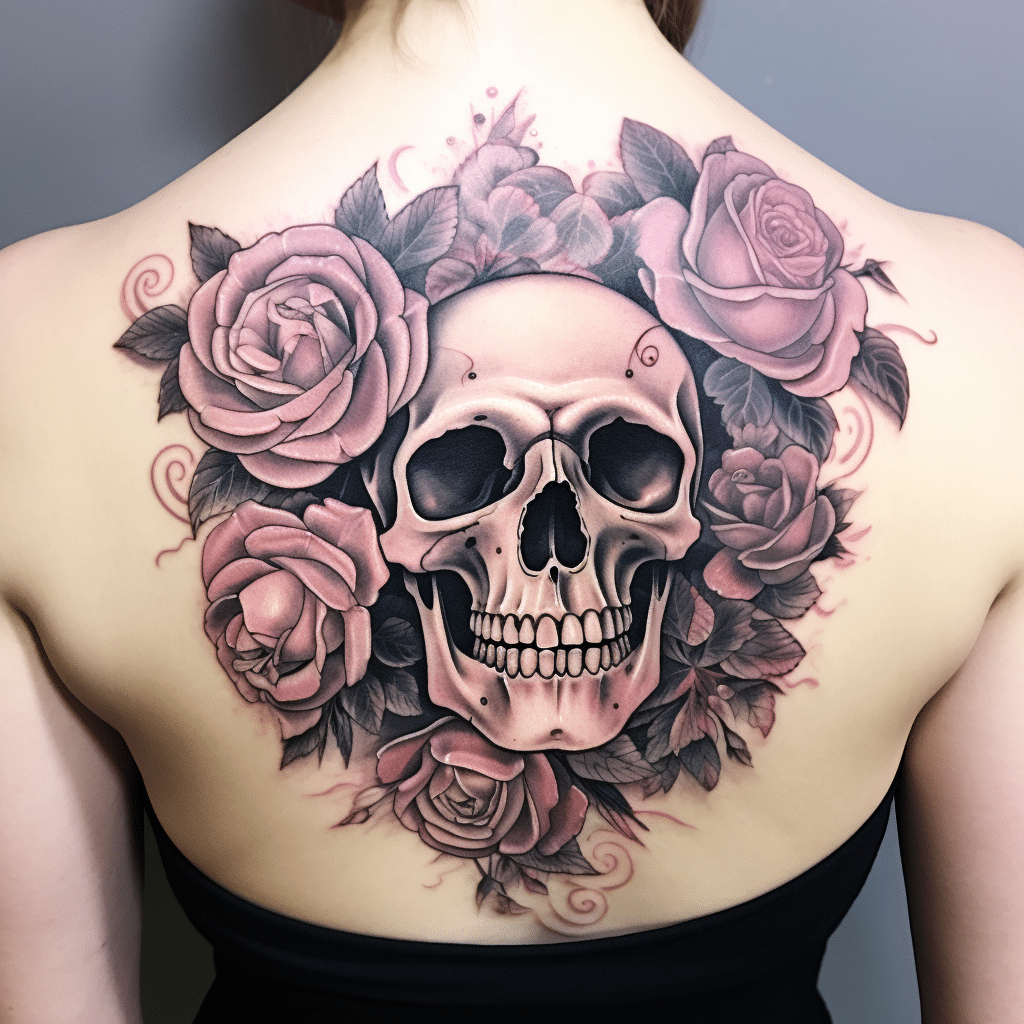 skull and rose tattoo design with pink roses