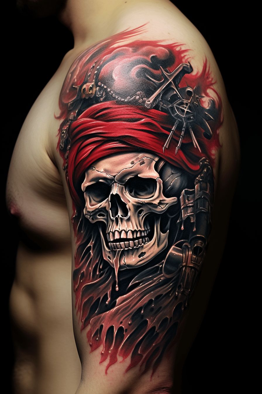 pirate skull tattoo with red ink