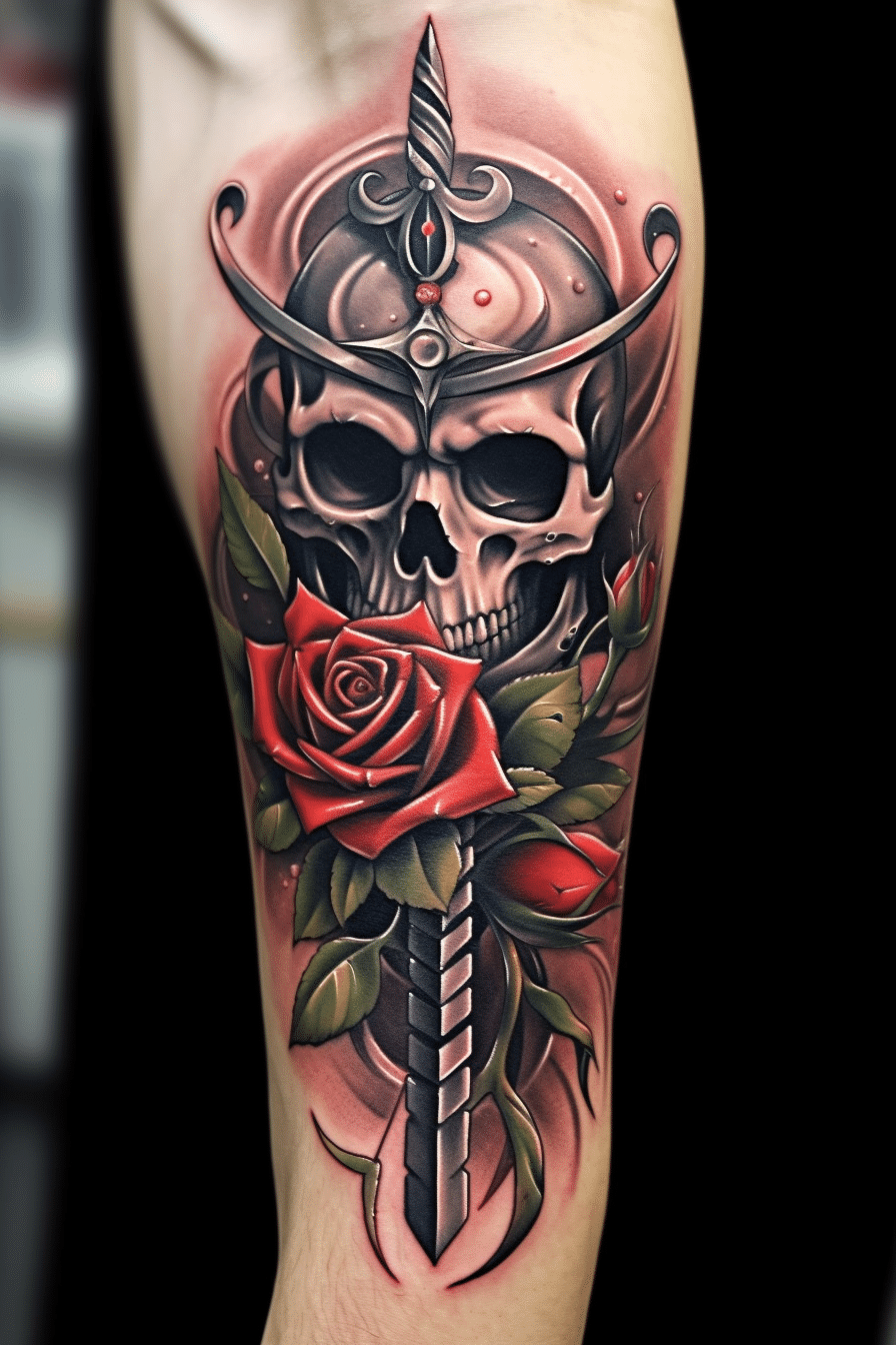 skull and rose tattoo with dagger