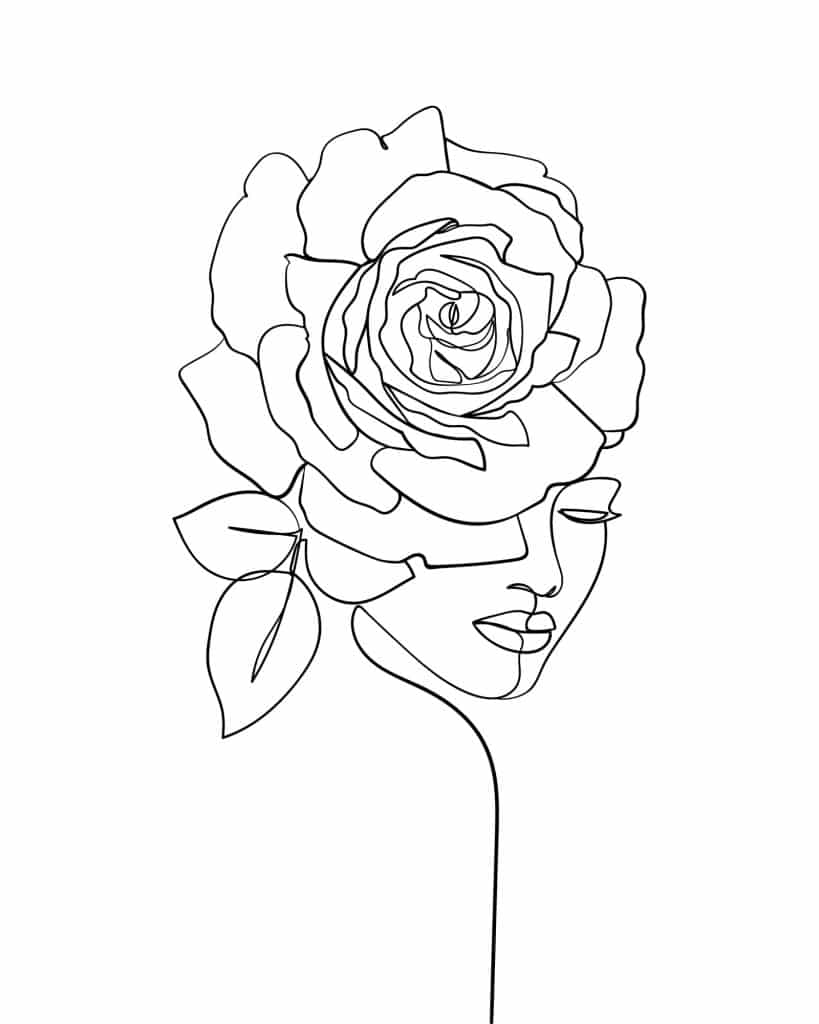 minimalist rose line art tattoo woman and roses