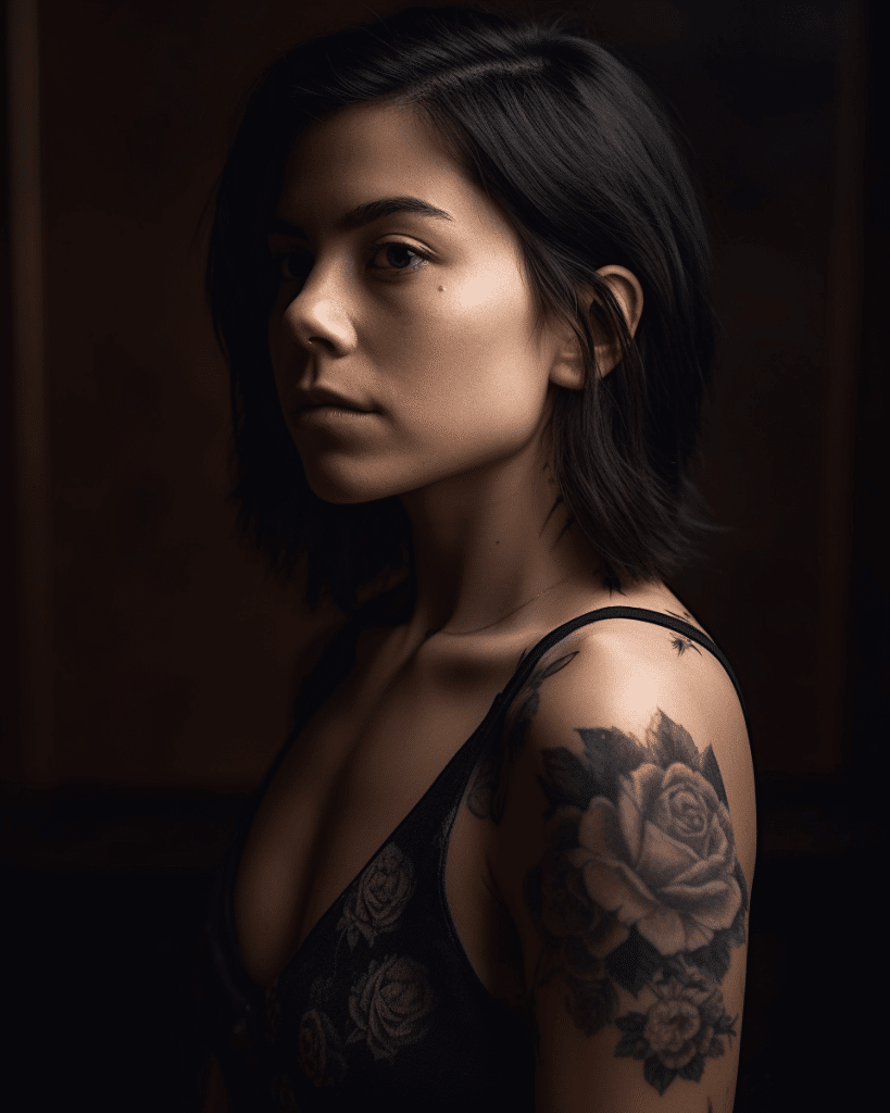 woman with large rose tattoo on shoulder