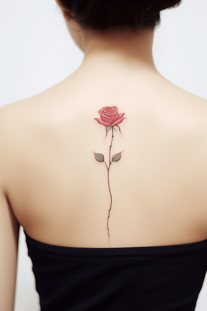 red minimalist rose tattoo on back long stem spine tattoo
