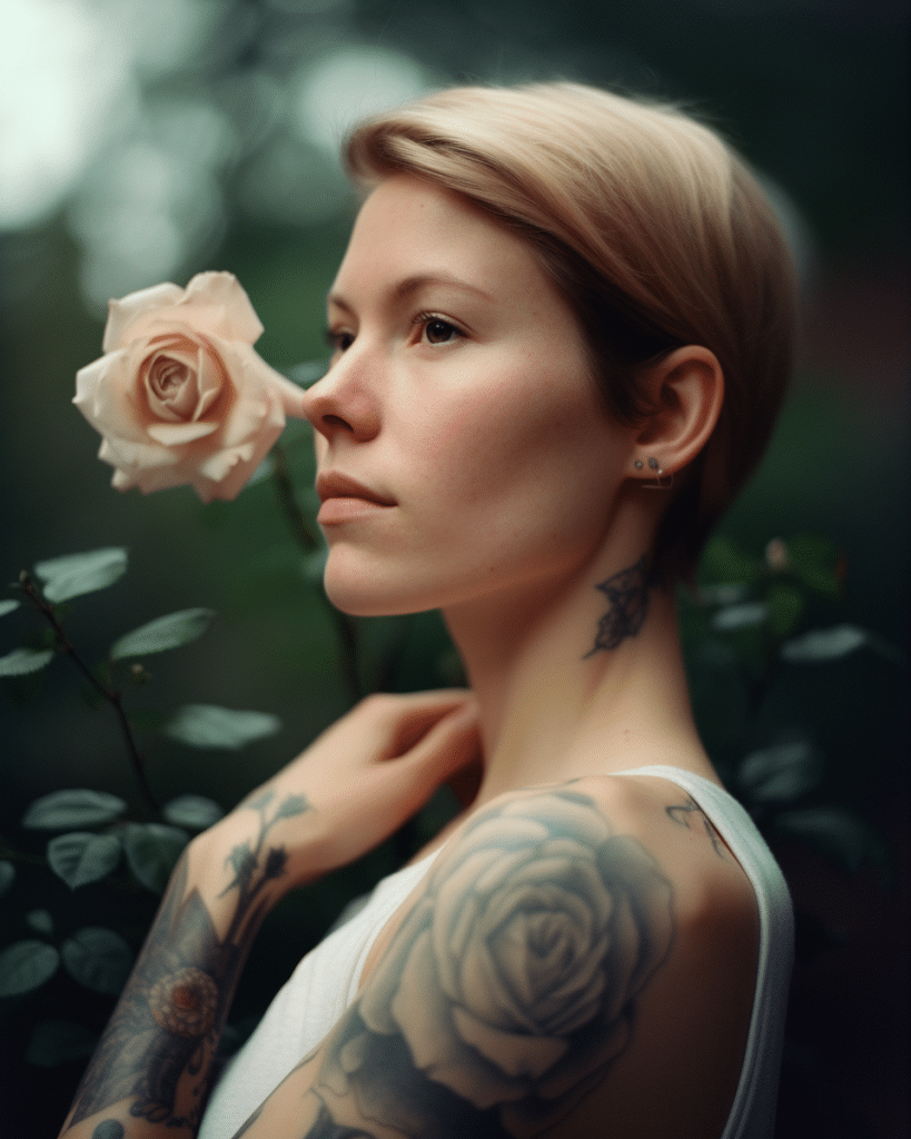 woman with rose tattoos