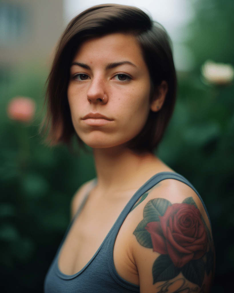 woman with red rose tattoo on shoulder