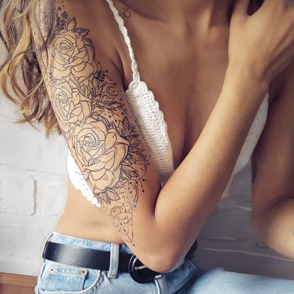 sketch black ink beautiful rose tattoo sleeve