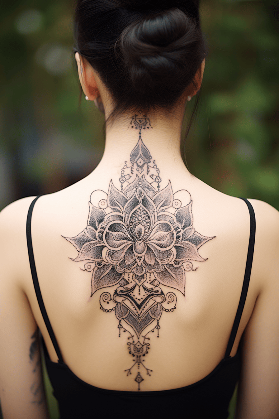 full back feminine mandala tattoo design 