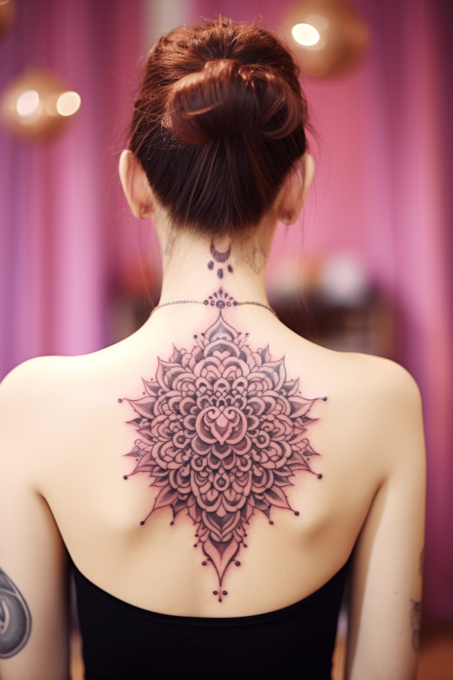 full back feminine mandala tattoo design with crescent moon