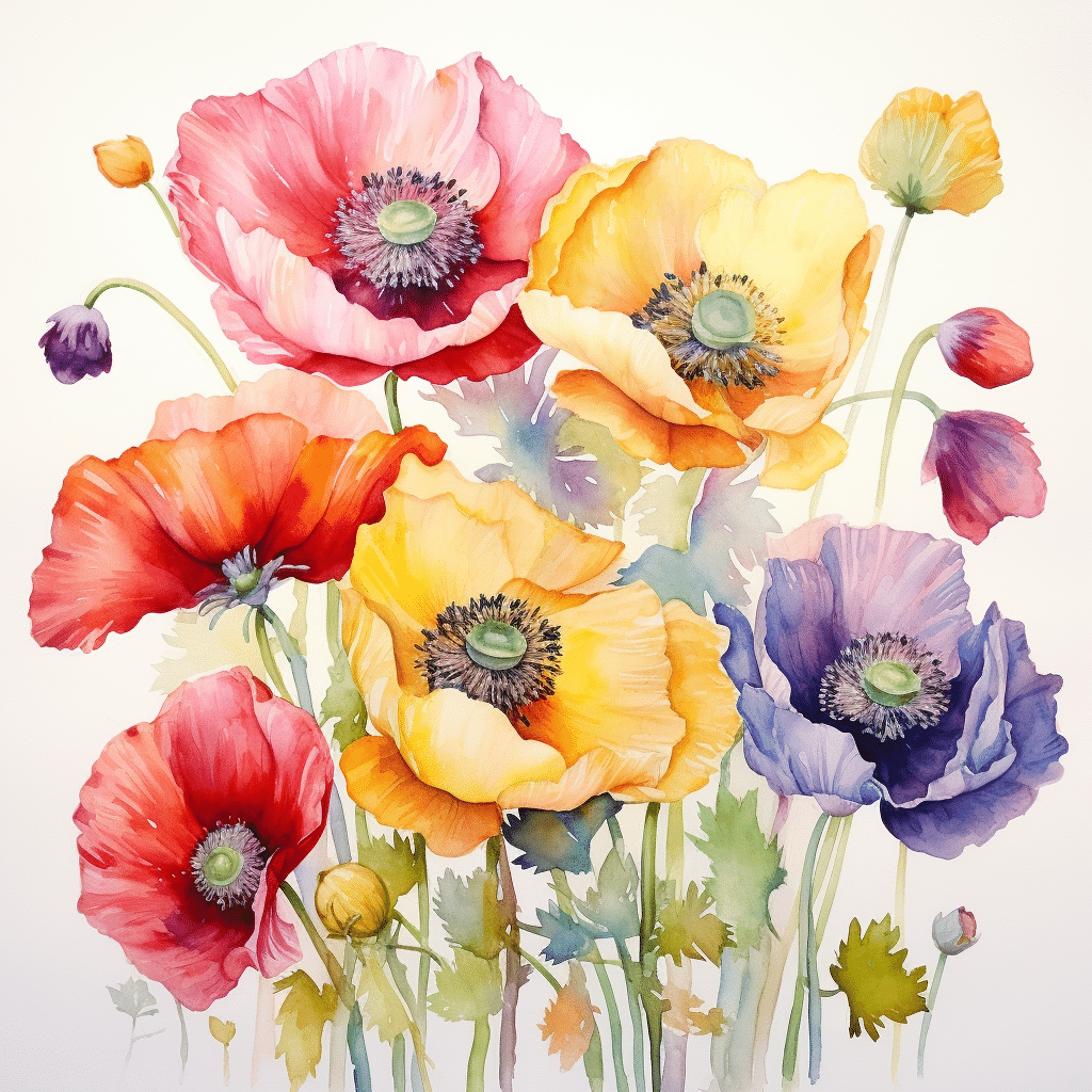 watercolor poppies of different colors