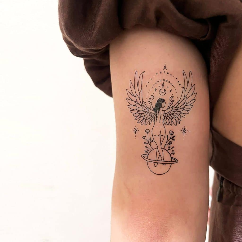 line art angel woman tattoo 