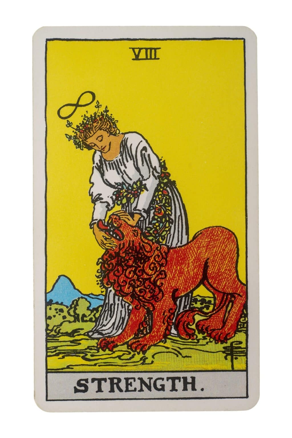 The Strength tarot card in a reversed position, symbolizing inner turmoil
