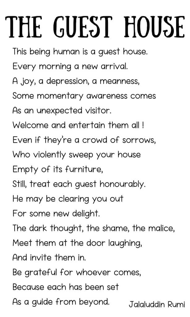 This being human is a guest house.
Every morning a new arrival.
A joy, a depression, a meanness,
some momentary awareness comes
as an unexpected visitor.
Welcome and entertain them all!
Even if they’re a crowd of sorrows,
who violently sweep your house
empty of its furniture,
still, treat each guest honorably.
He may be clearing you out
for some new delight.
The dark thought, the shame, the malice,
meet them at the door laughing,
and invite them in.
Be grateful for whoever comes,
because each has been sent
as a guide from beyond.
