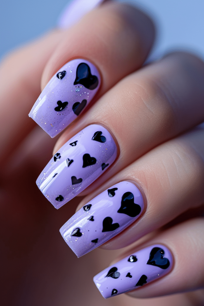 square purple nails with black hearts valentines nails