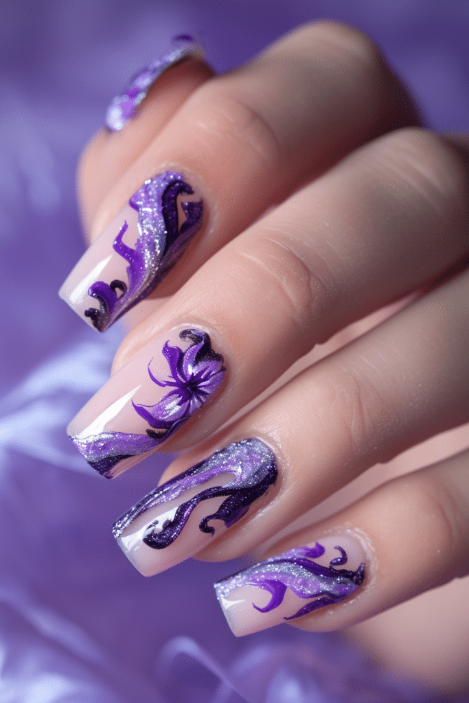 floral swirl purple extreme French manicure nail design for valentines nails