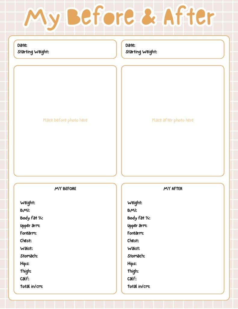 progress tracker for fitness journey, before and after photos and info