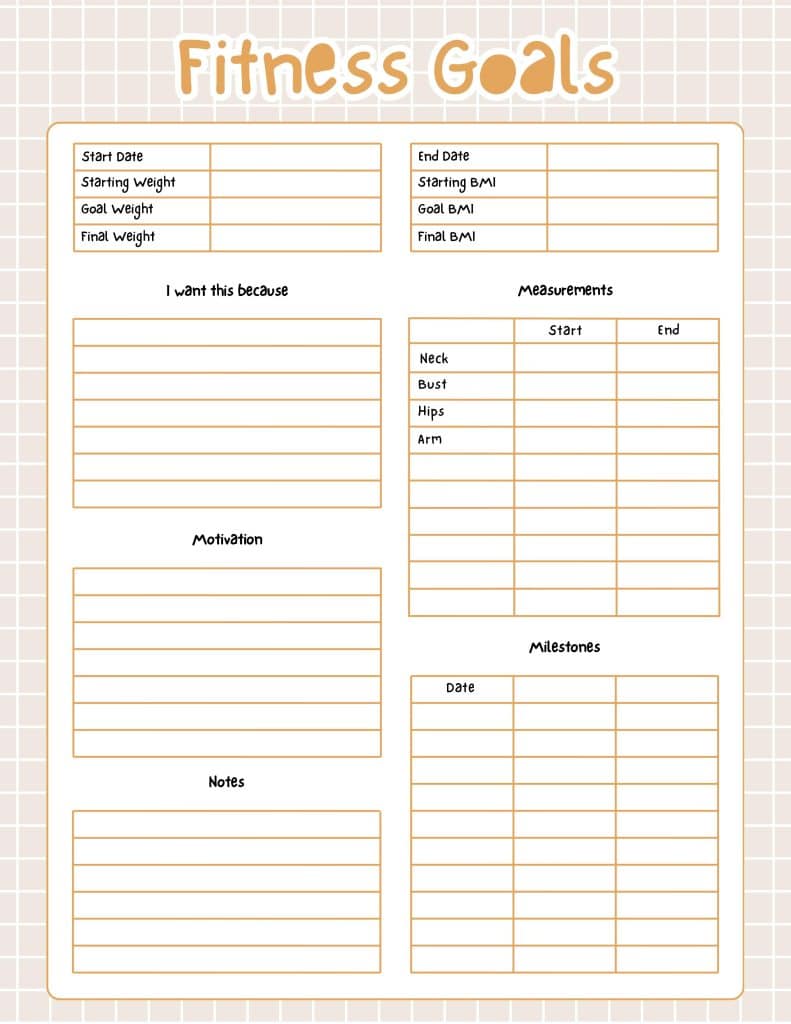 fitness goals planner printable