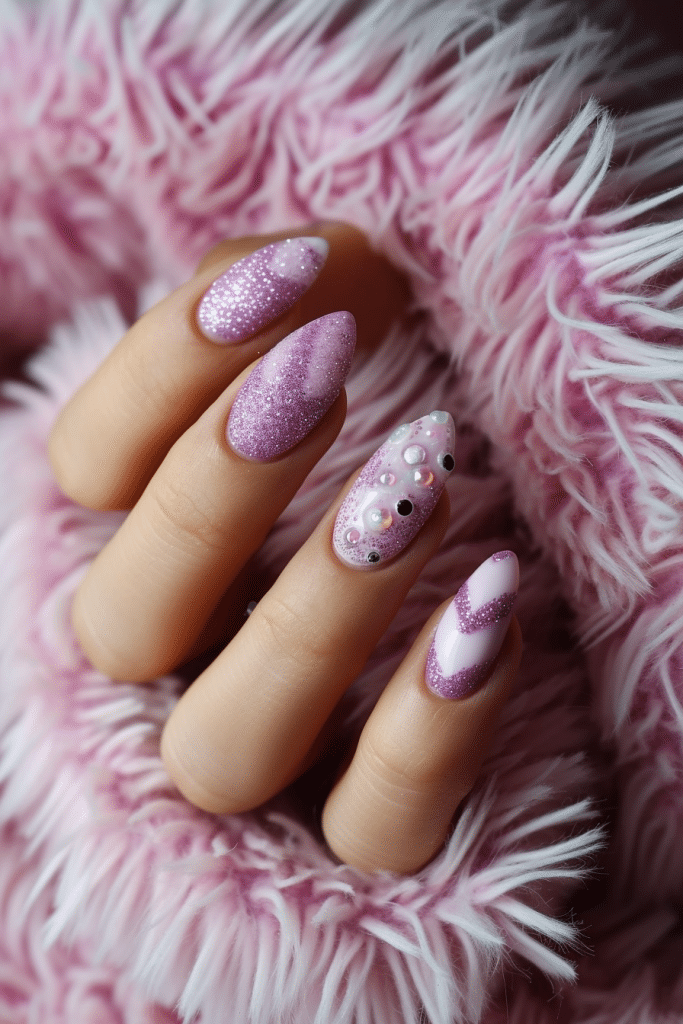 purple valentine nails designs with feature nail with pearls and diamond
