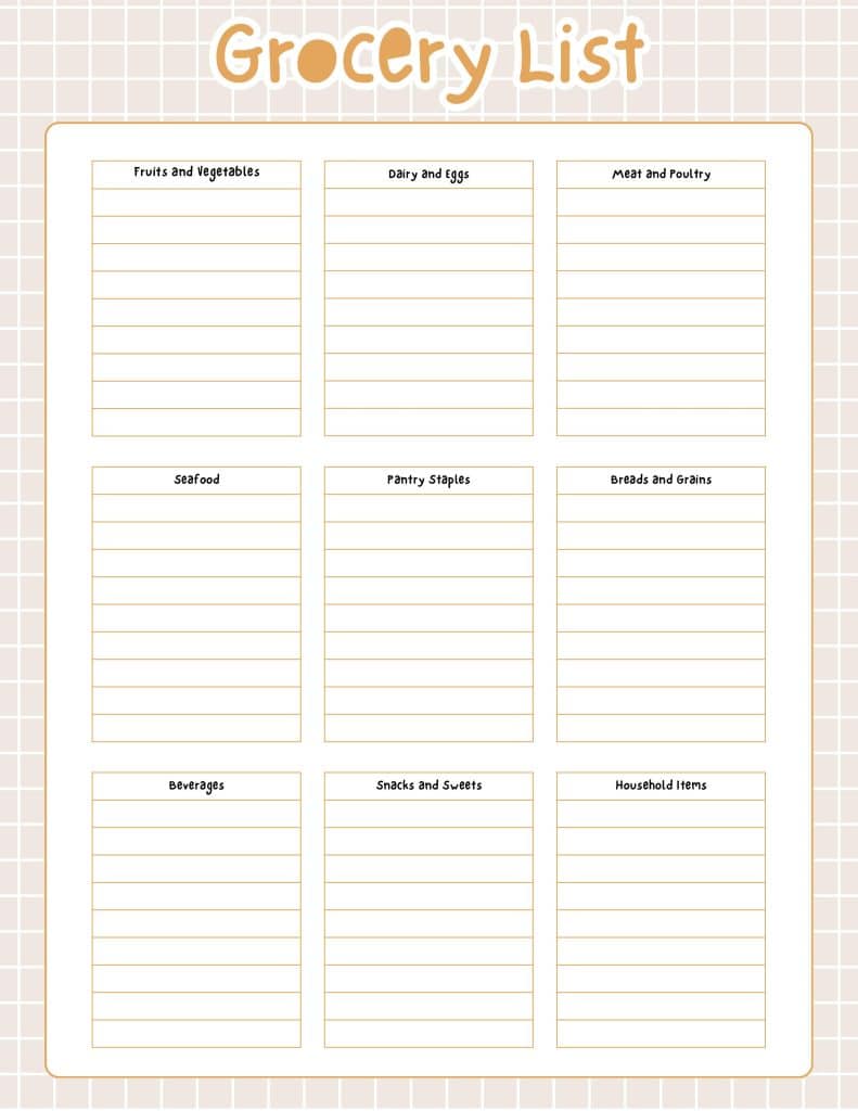grocery list printable page