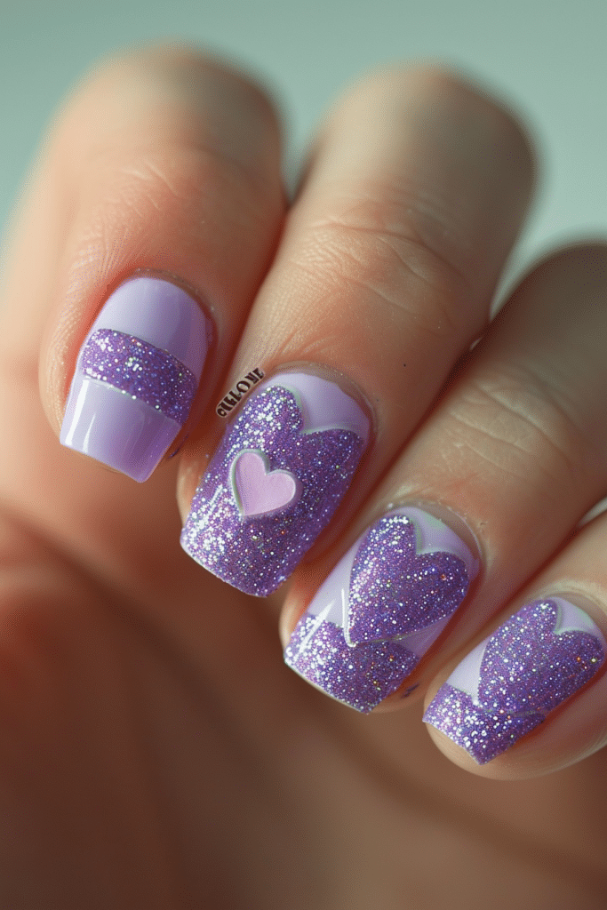 purple valentine nails designs glitter hearts and stripe