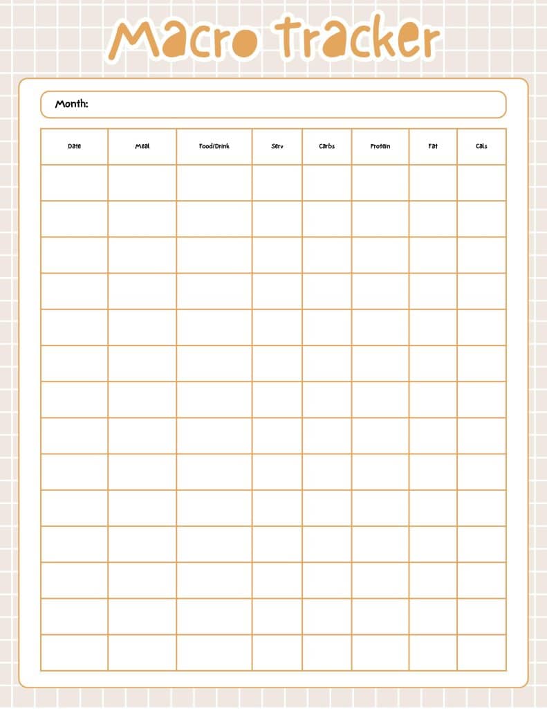 macro tracker printable page for fitness journal